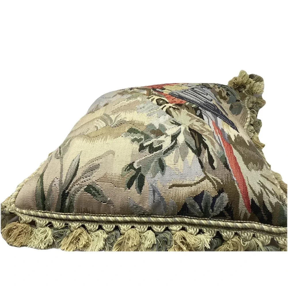 Wool Tapestry Pillow W/ Tassels Parrot Bird On A Branch Feather Stuffed20x20